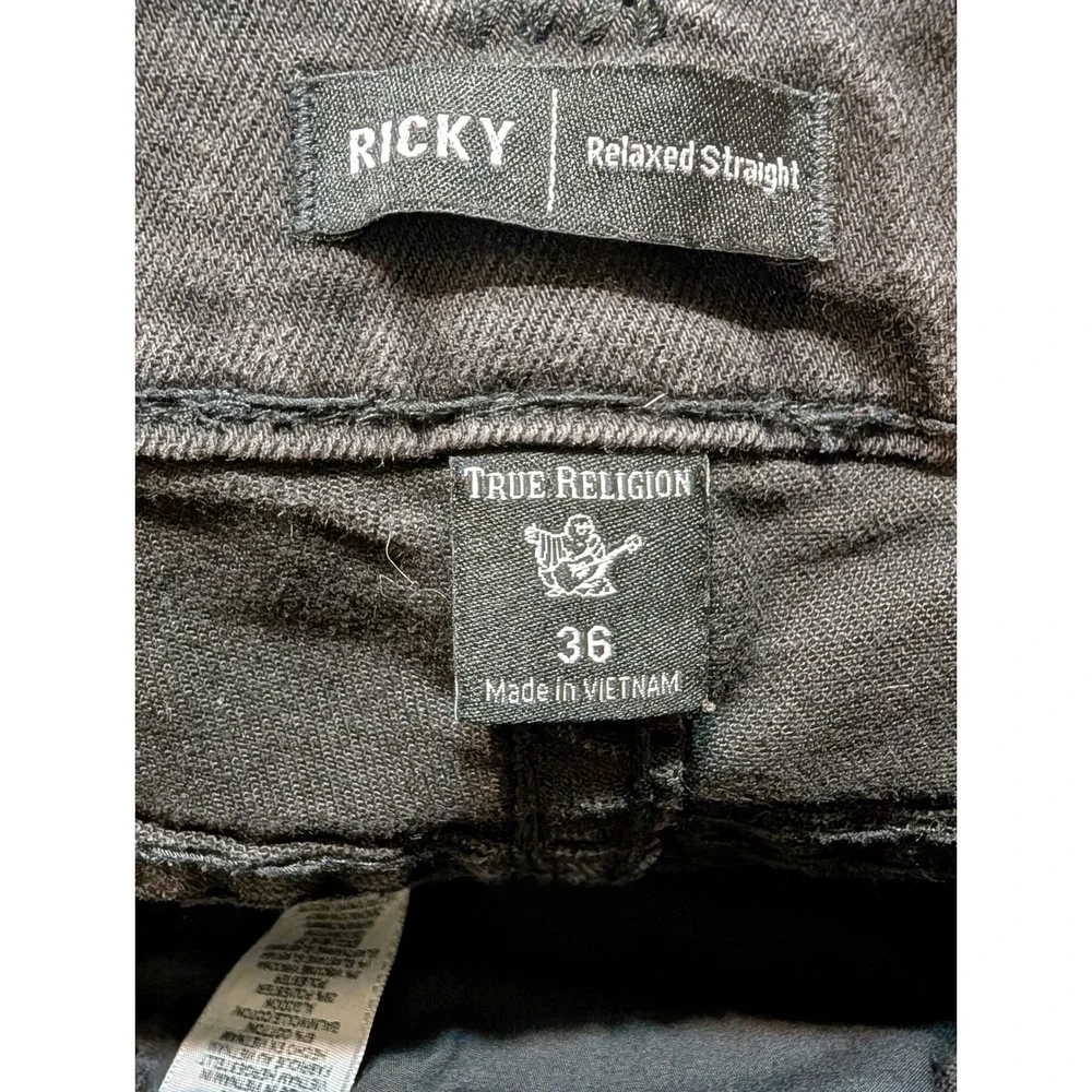 True Religion Ricky Relaxed Straight Black Jeans Mens 36 Flap Pocket Denim